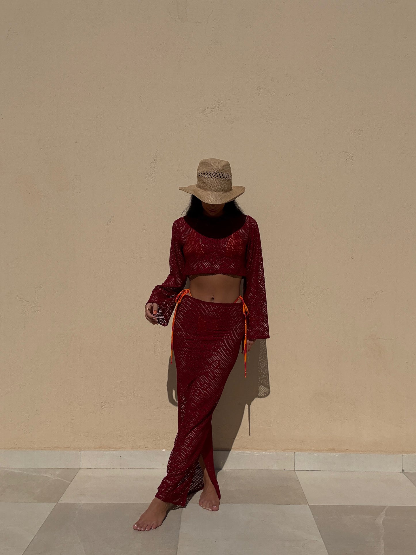BURGUNDY FLORAL CROCHET maxi skirt
